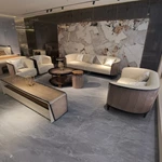 Warm Sand Leather Sofa Set with Natural Wood Veneer & Curved Silhouette